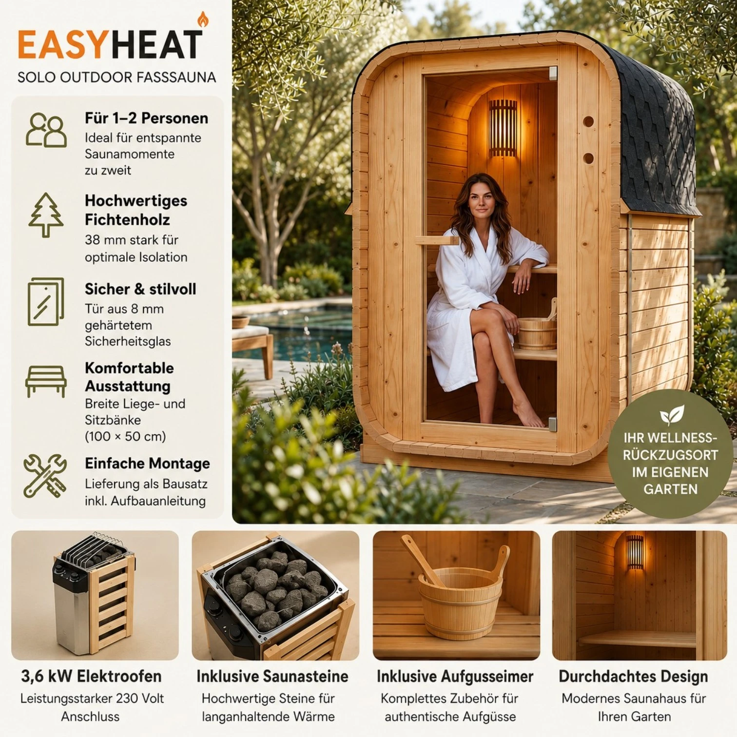 EASYHEAT Solo Outdoor Fasssauna 230 Volt von WELCON® - Sauna für den Garten für eine bis zwei Personen