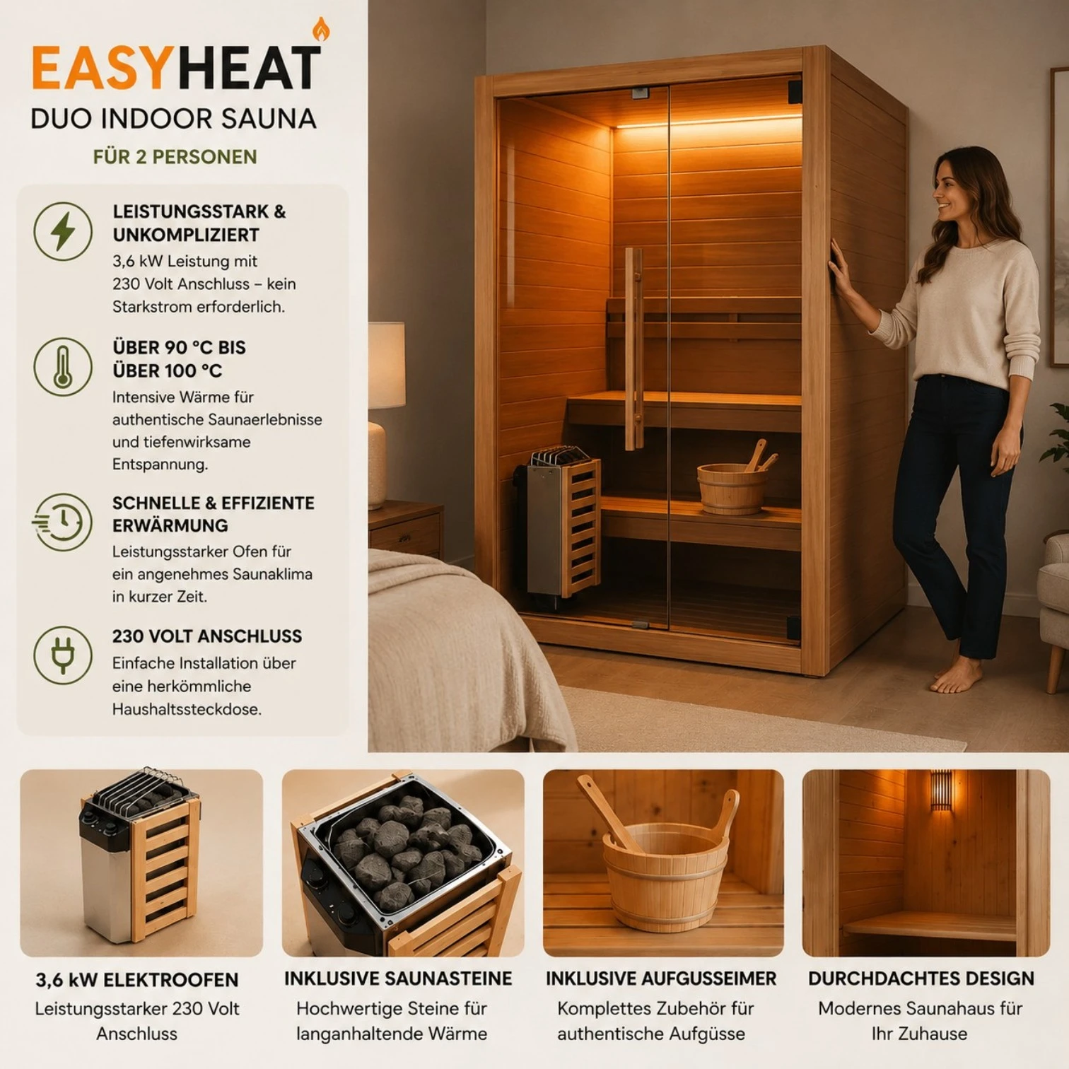 EASYHEAT Duo Indoor Sauna von WELCON® | 230 Volt Saunaofen | Thermoholz Espe | bis über 100 Grad Innentemperatur möglich