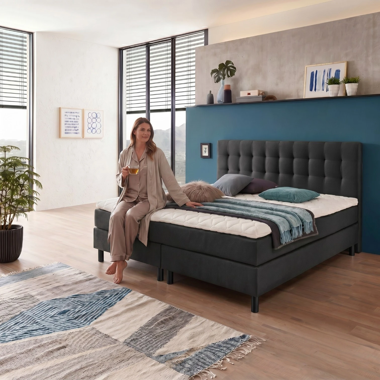 Boxspringbett ROCKSTAR® 140x200 cm (BxL), Stoffbezug schwarz