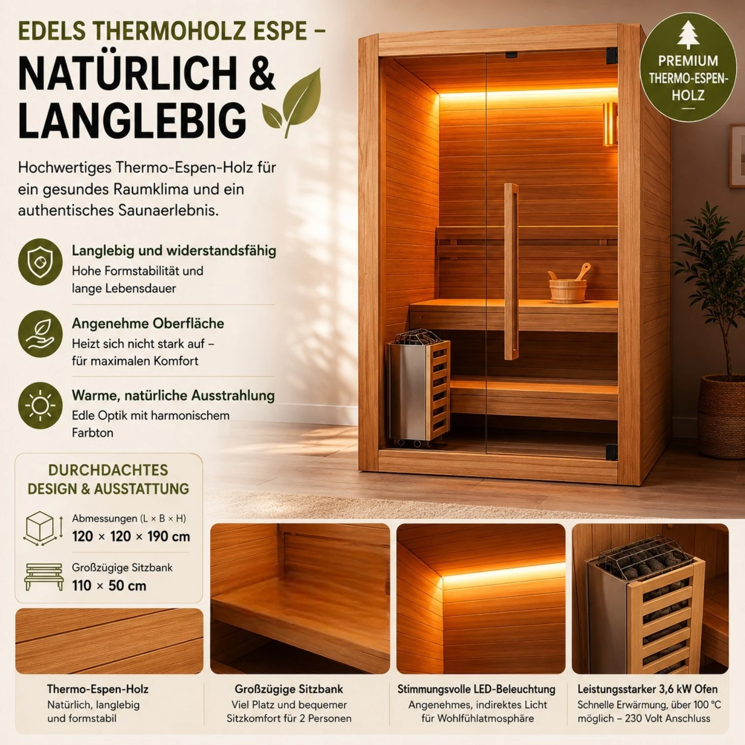 EASYHEAT Duo Indoor Sauna von WELCON® | 230 Volt Saunaofen | Thermoholz Espe | bis über 100 Grad Innentemperatur möglich