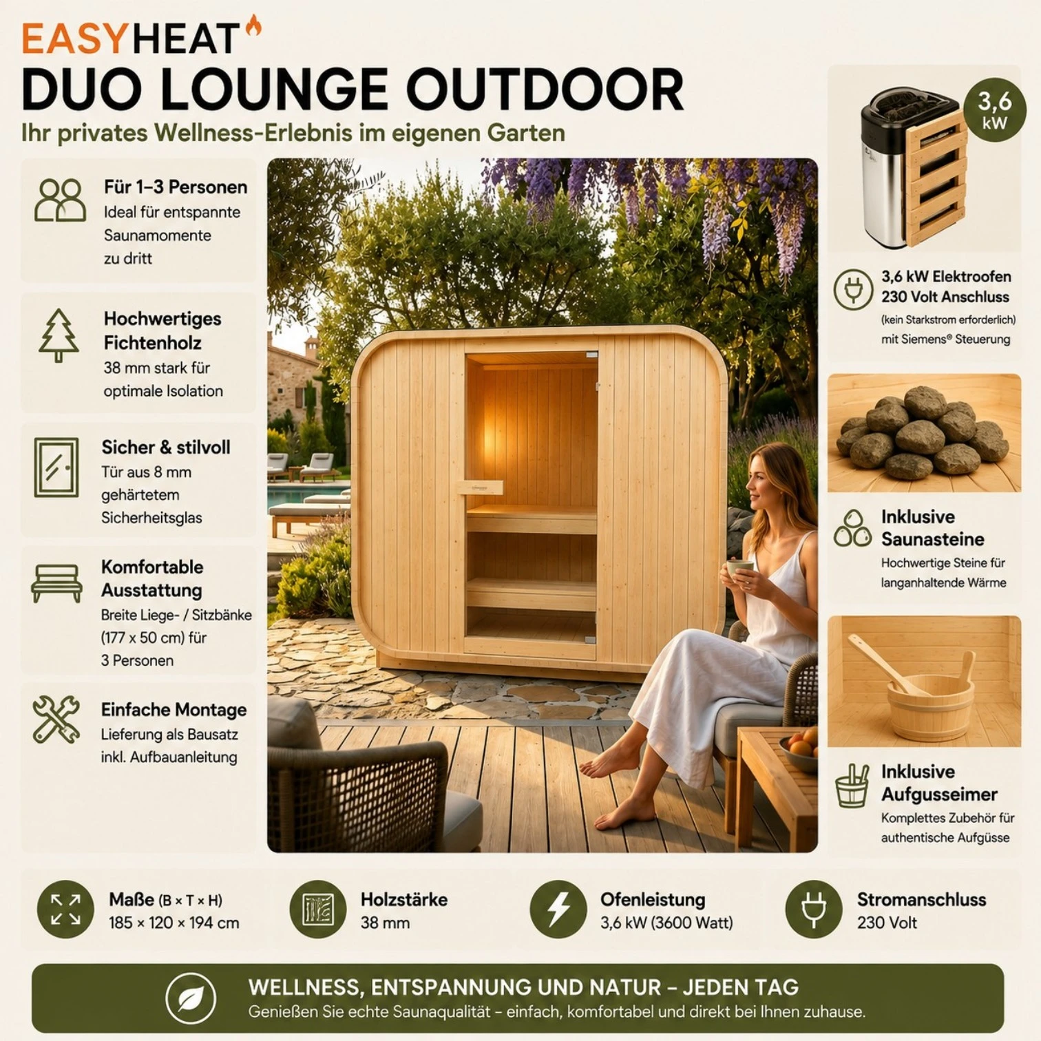 EASYHEAT Duo Lounge Outdoor 230 Volt von WELCON® - Sauna für den Garten für zwei bis drei Personen