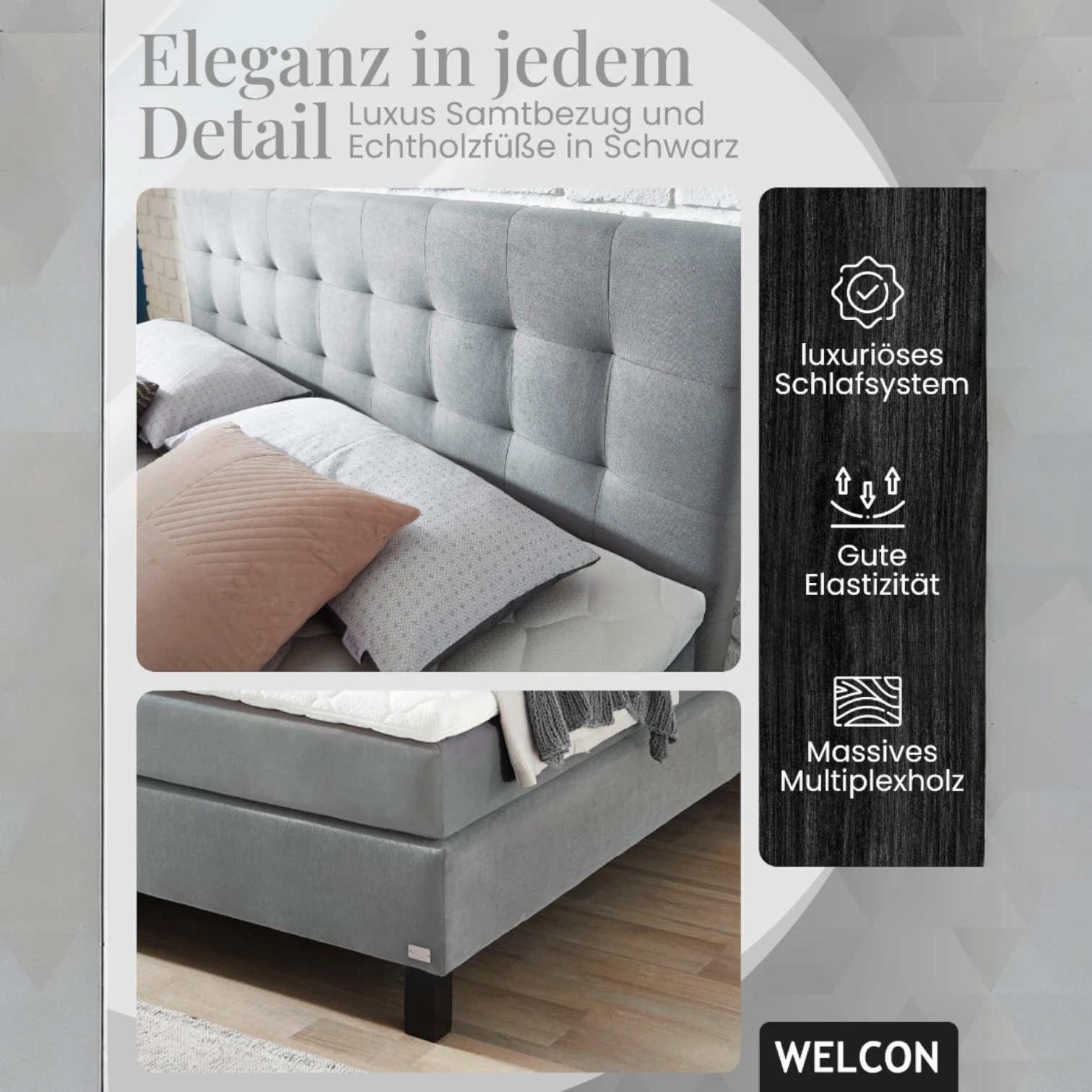 Boxspringbett Rockstar® Limited Edition II Samt 160x200 cm in Hellgrau und Härtegrad H2 Boxspringbett Rockstar® Limited Edition II Samt 160x200 cm in Hellgrau und Härtegrad H2