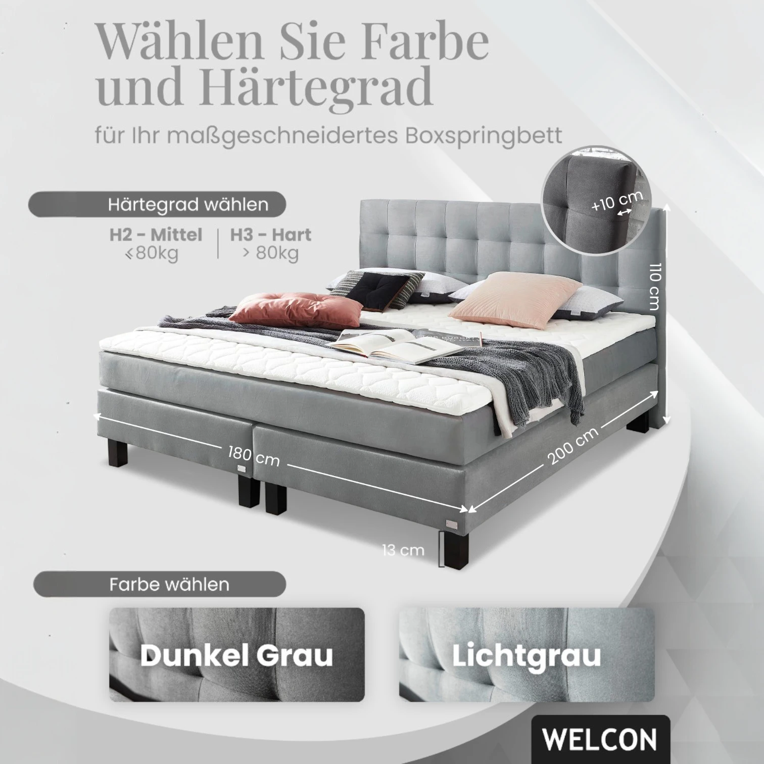 Boxspringbett Rockstar® Limited Edition II Samt 160x200 cm in Hellgrau und Härtegrad H2 Boxspringbett Rockstar® Limited Edition II Samt 160x200 cm in Hellgrau und Härtegrad H2