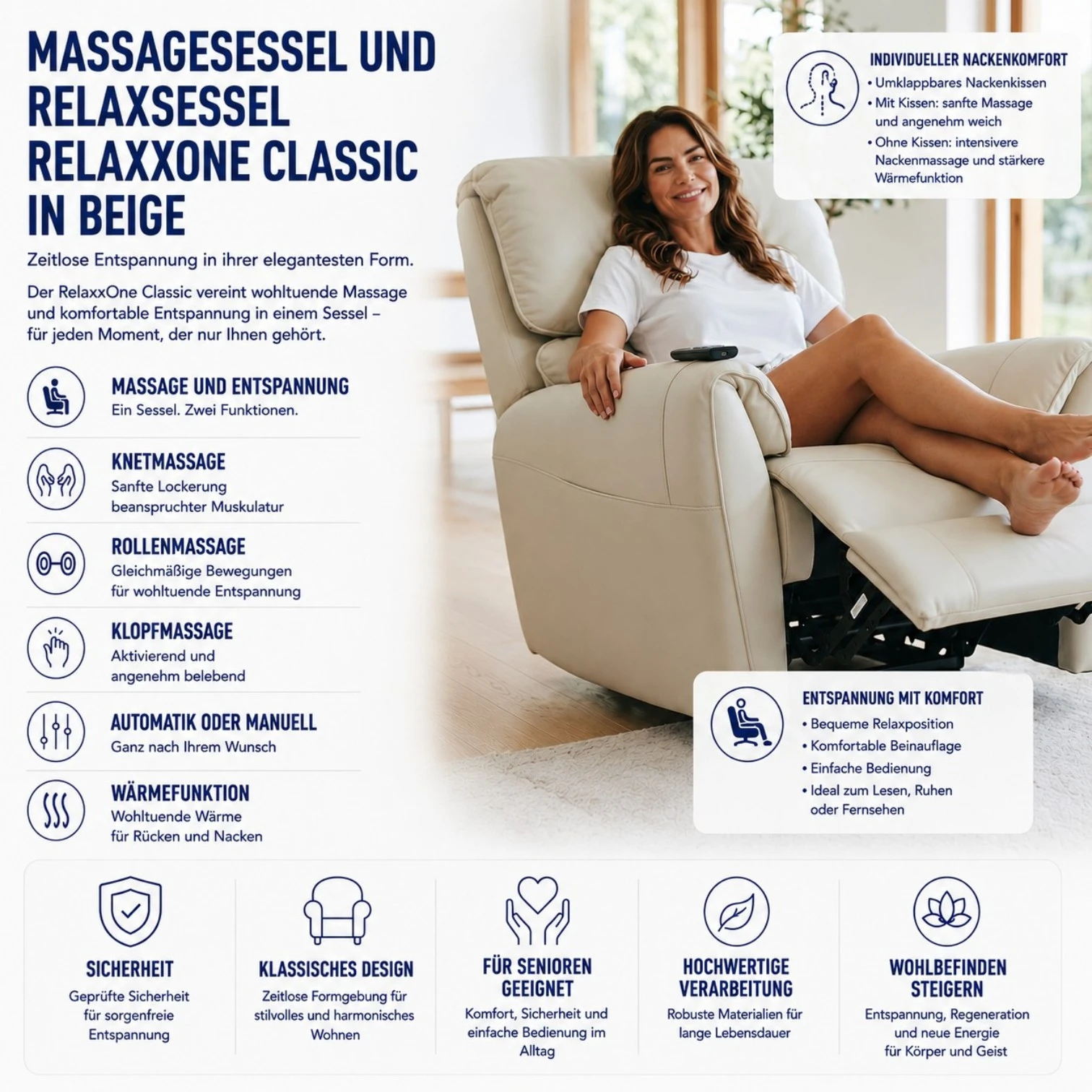 Massagesessel und Relaxsessel RelaxxOne Classic in beige