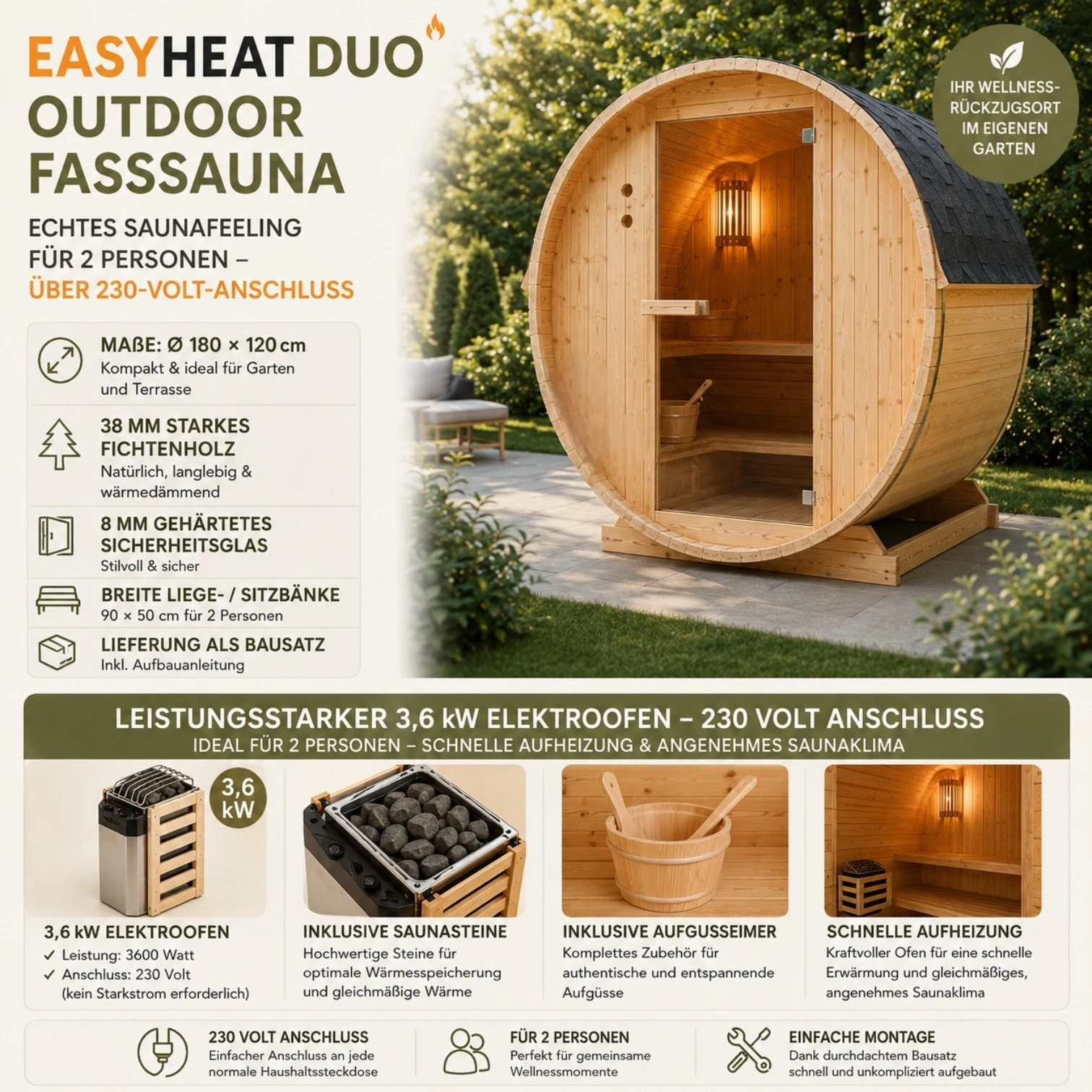 EASYHEAT Duo Outdoor Fasssauna 230 Volt von WELCON® - Sauna für den Garten für zwei Personen