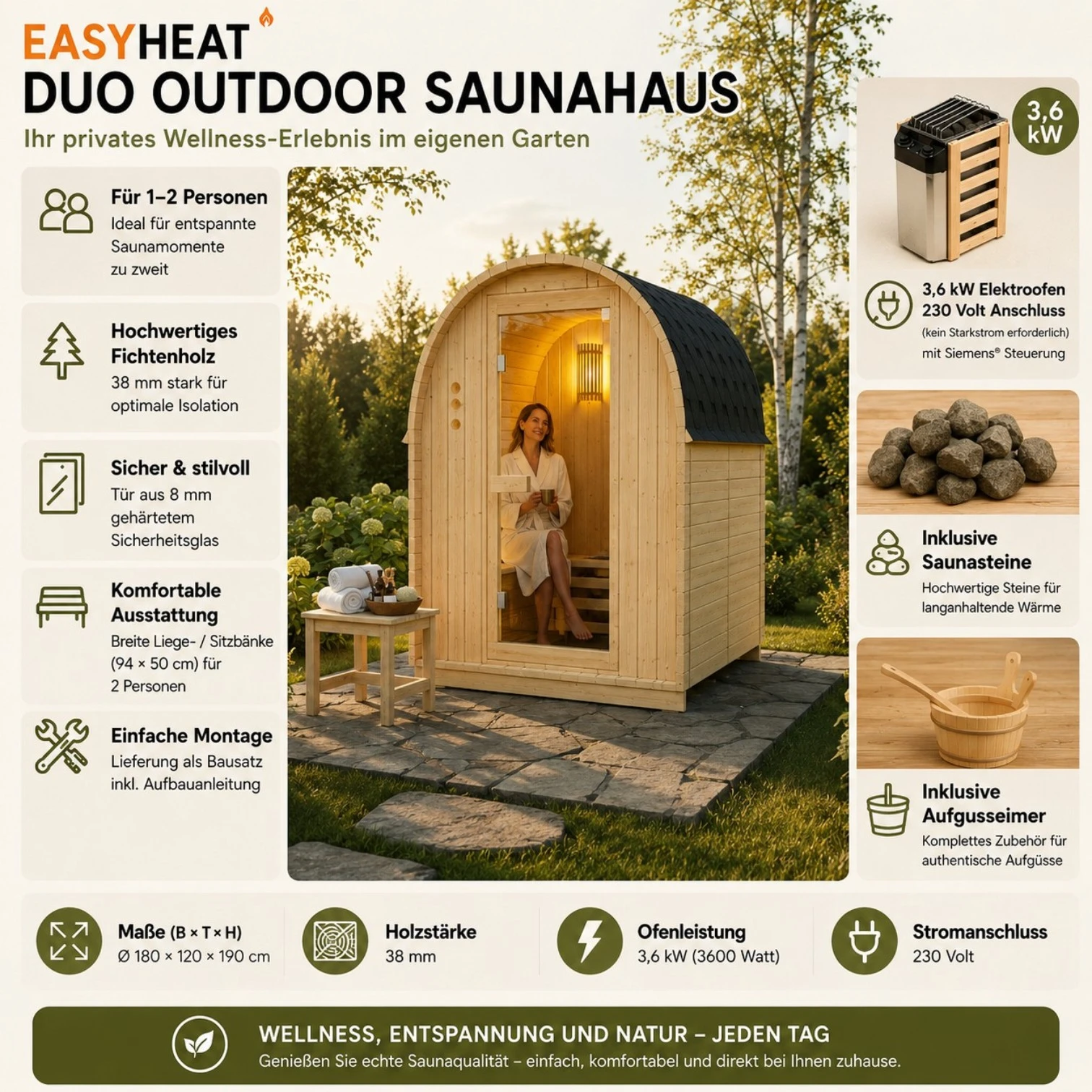 EASYHEAT Duo Outdoor Saunahaus 230 Volt von WELCON® - Sauna für den Garten für zwei Personen