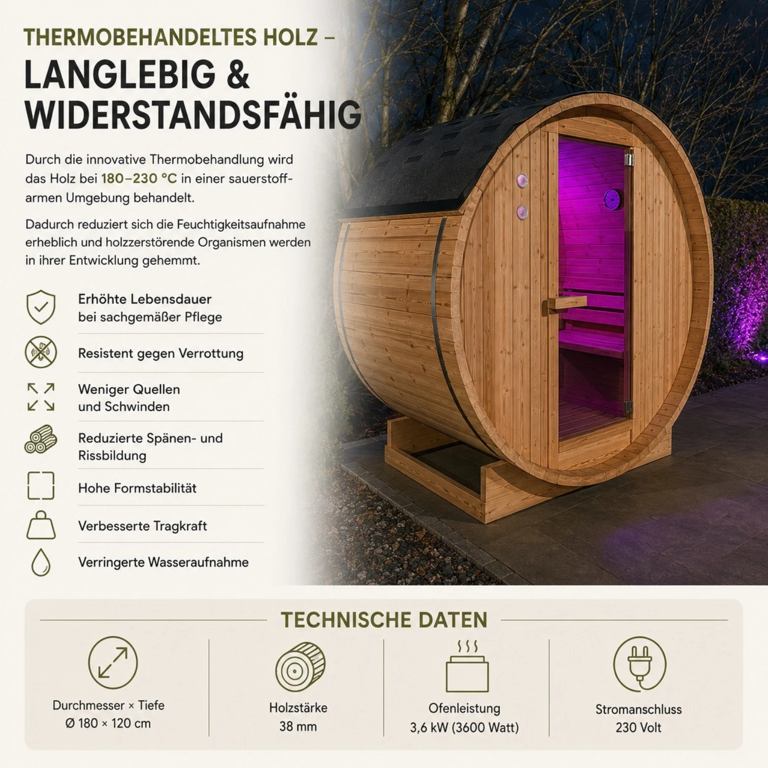 EASYHEAT Duo Outdoor Fasssauna 230 Volt von WELCON® - Sauna für den Garten für zwei Personen