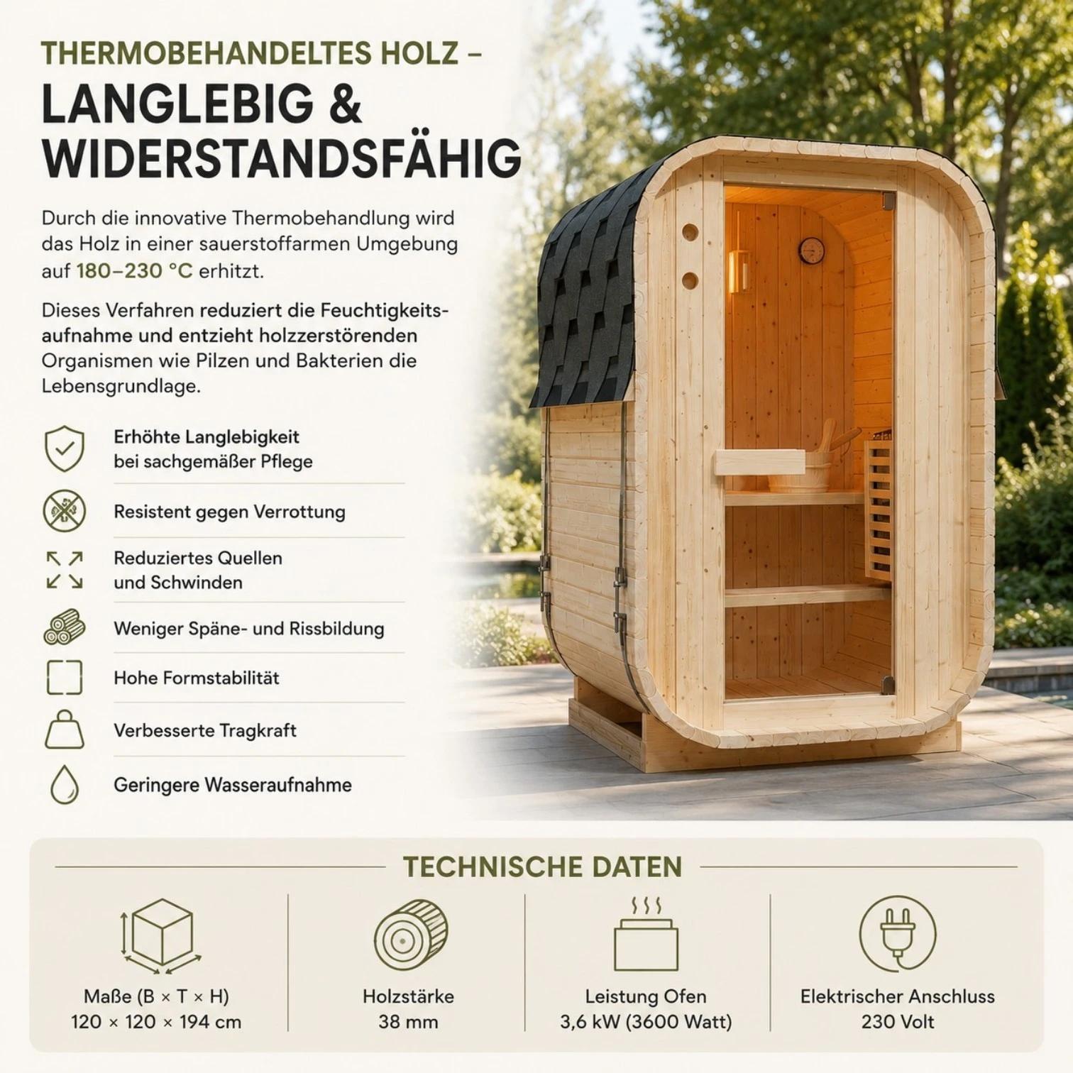 EASYHEAT Solo Outdoor Fasssauna 230 Volt von WELCON® - Sauna für den Garten für eine bis zwei Personen